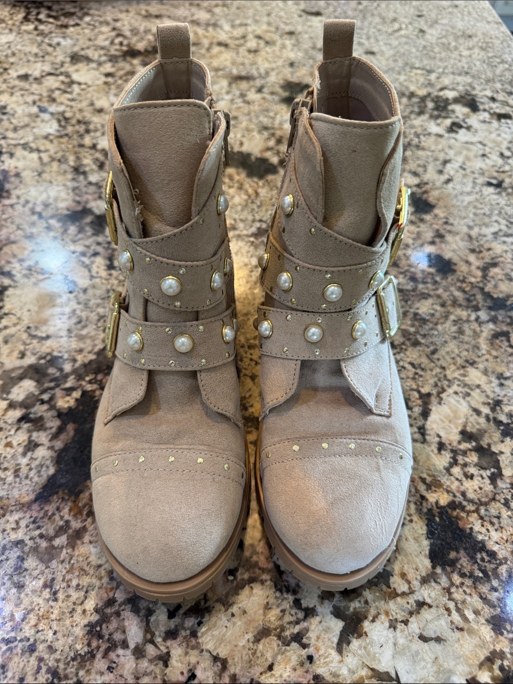 wonder nation Tan Suede Pearl-Accent Ankle Boots